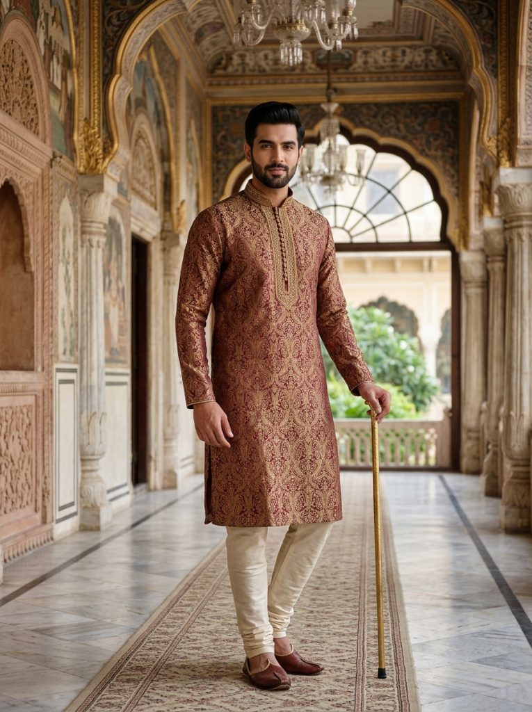Gold Banarasi Jacquard Silk Kurta
