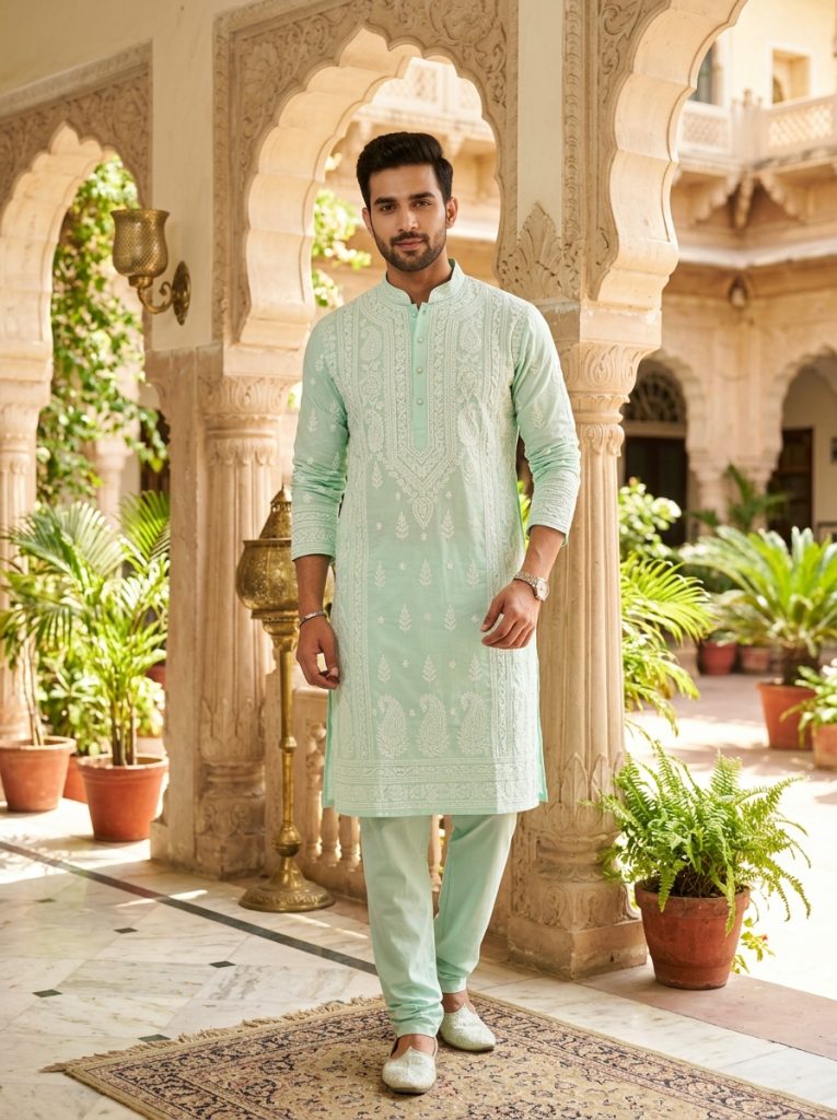 Black Embroidered Mandarin Collar Kurta