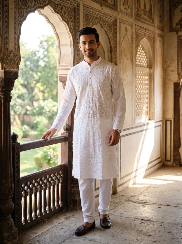 Off-White Lucknowi Chikan Pure Cotton Kurta